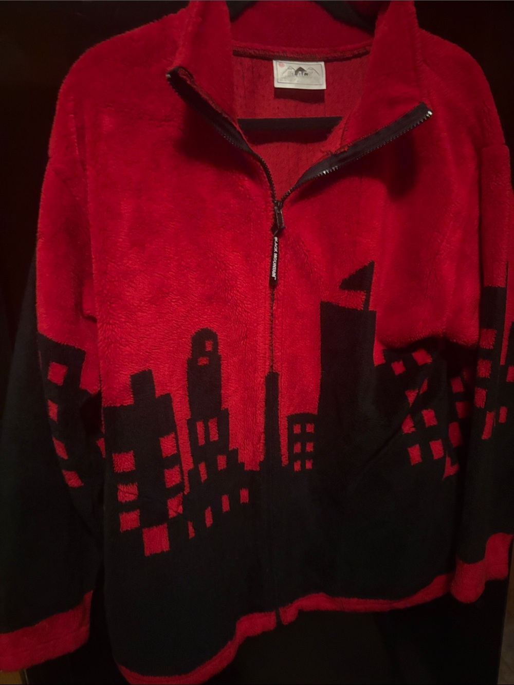Red and Black Skyline Zip-Up Fleece Jacket - City Graphic